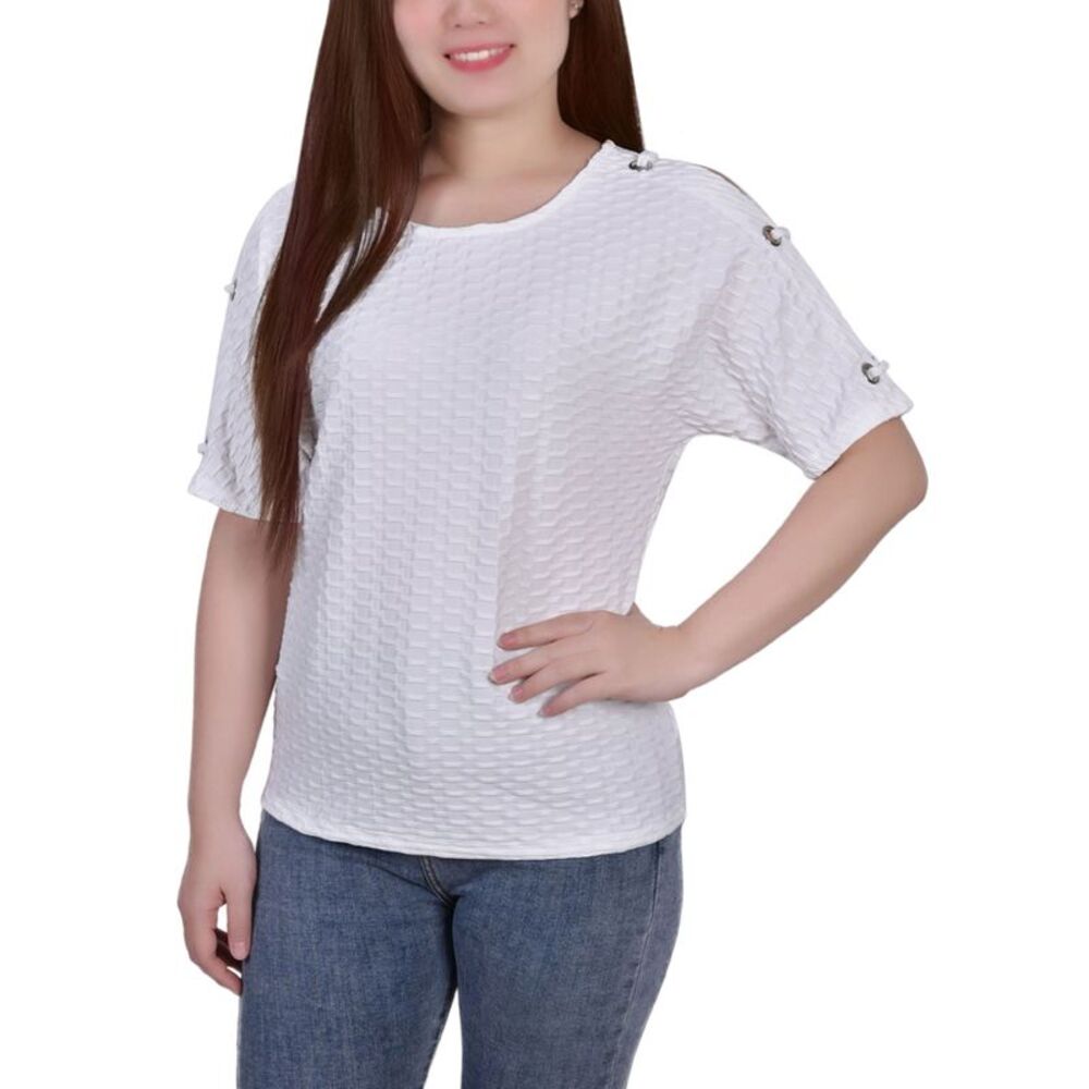 NY Collection Petite Short Sleeve Honeycomb Textured Grommet Top